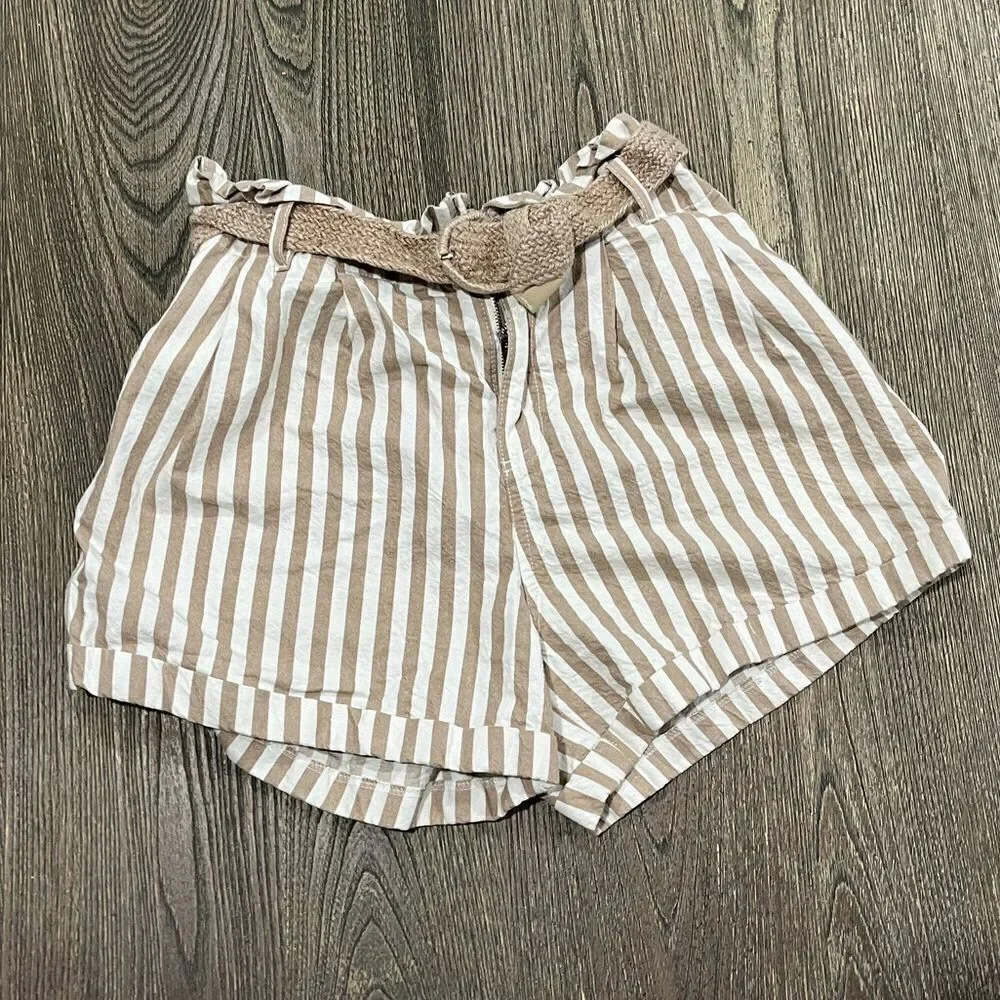 Altar'd State Striped High Rise Belted Shorts Relaxed Fit Khaki White Large